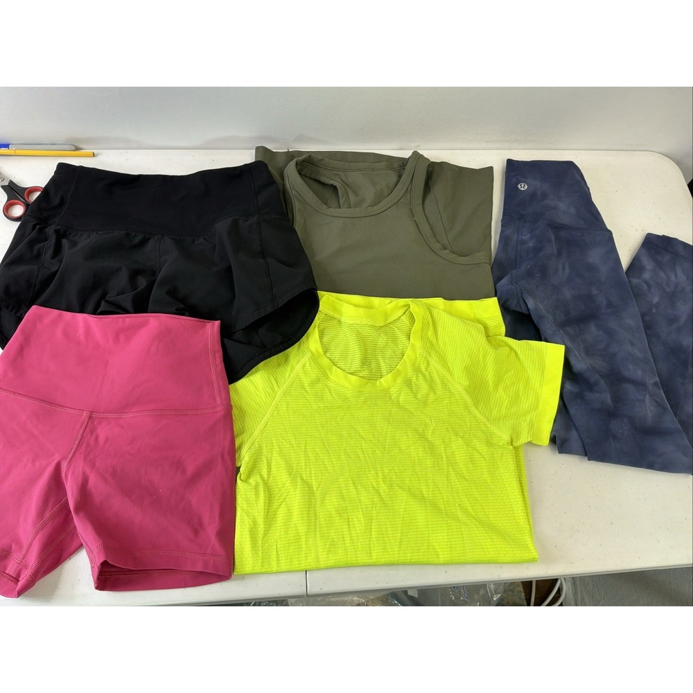 Lululemon size 0/2 5PC Lot leggings, hotty hot, tanks, biker shorts neon shirt